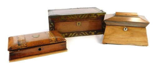 Three 19thC and later boxes, comprising a sarcophagus shaped tea caddy with mother of pearl key plate, on bun feet, 13cm high, 22cm wide, 13cm deep, and a walnut and boxwood inlaid key box with brass shield, 6cm high, 26cm wide, 19cm deep, and a mahogany