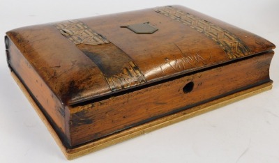 Three 19thC and later boxes, comprising a sarcophagus shaped tea caddy with mother of pearl key plate, on bun feet, 13cm high, 22cm wide, 13cm deep, and a walnut and boxwood inlaid key box with brass shield, 6cm high, 26cm wide, 19cm deep, and a mahogany - 3