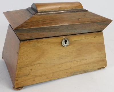 Three 19thC and later boxes, comprising a sarcophagus shaped tea caddy with mother of pearl key plate, on bun feet, 13cm high, 22cm wide, 13cm deep, and a walnut and boxwood inlaid key box with brass shield, 6cm high, 26cm wide, 19cm deep, and a mahogany - 4