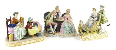 A group of Continental porcelain, comprising salon suite figure groups, with two figures playing chess and an on looker, 25cm high, another scene inscribed La Jeune Mere, 18cm high, a Dresden figure group of lady in swan carriage being pushed by figure in