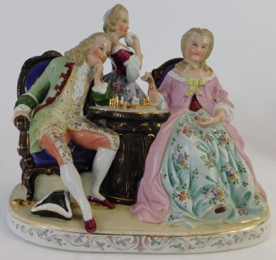 A group of Continental porcelain, comprising salon suite figure groups, with two figures playing chess and an on looker, 25cm high, another scene inscribed La Jeune Mere, 18cm high, a Dresden figure group of lady in swan carriage being pushed by figure in - 2