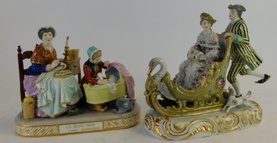 A group of Continental porcelain, comprising salon suite figure groups, with two figures playing chess and an on looker, 25cm high, another scene inscribed La Jeune Mere, 18cm high, a Dresden figure group of lady in swan carriage being pushed by figure in - 3