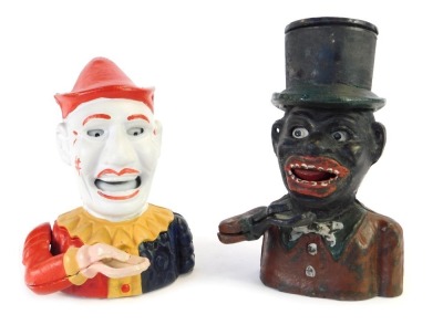 Two novelty metal money banks, comprising The Jester, 20cm high, and gentleman in top hat, 22cm high. (2)