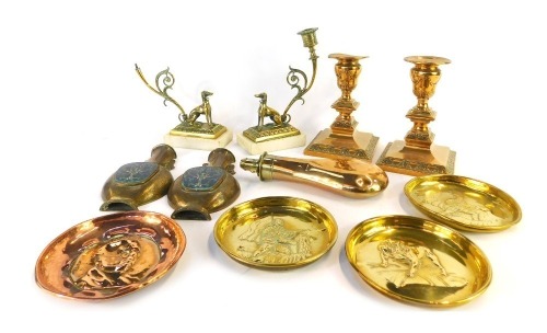 A group of copper and brass wares, comprising a pair of brass greyhound candlesticks, 20cm high (AF), Chinese wall mounted cloisonne vases, 17cm high, pair of Adam style squat candlesticks, 16cm high, and a copper and brass shot flask, etc. (1 tray)