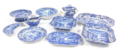 Various blue and white pattern china wares, to include Copeland Spode and Booths, tureen and cover, gravy boat, meat plate, two rectangular serving plates, dinner plate, half moon shaped plate, fruit bowl and centrepiece. (a quantity)