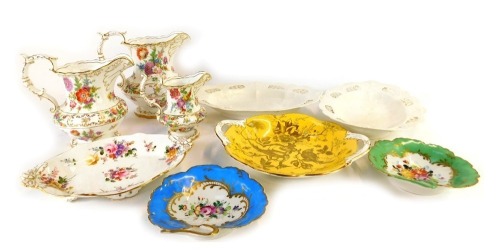 Decorative china, comprising a set of three Dresden Sprays Hammersley jugs, two French Limoges style floral pin dishes, a Royal Crown Derby Derby Posies oval serving tray, a Coalport Yellow Wild Bird pattern bowl, and two Pearlware oval serving trays. (a