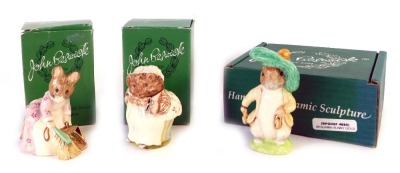 Three Beswick figures, comprising Mrs Tiggy-Winkle gold, Hunca Munca Sweeping gold, and Benjamin Bunny gold, boxed. (3)