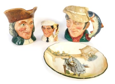 Royal Doulton collectables, comprising Harold Dennis 'Dickie' Bird MBE small character jug, Vicar of Bray large character jug, The Poacher large character jug, and Sergeant Buzfuz bowl. (4)