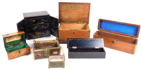 A group of 19thC and later boxes, comprising a camphor wood Oriental jewellery box formed as a wardrobe, 16cm high, oak glove box, mahogany pen box, burr walnut chest and others.