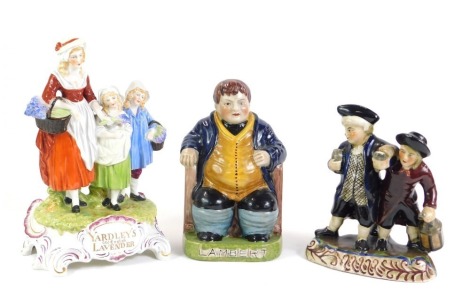 Three ceramic figure groups, comprising Lambert, 26cm high, two figures drinking, 24cm high, and a Yardley Old English Lavender reproduction advertising figure group, 30cm high. (2)