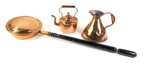 Copperware, comprising a copper warming pan with galvanized handle, 90cm long, copper kettle, 24cm high, and a copper gallon jug, 26cm high. (3)