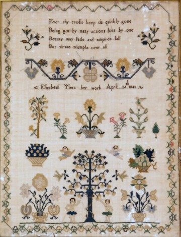 A Victorian sampler, on a material ground inscribed Elizabeth Tiers April 26th 1843, in later frame, 43cm x 32cm.