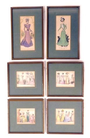 Six French fashion bookplate prints, comprising The Fashionable Dresses Range rectangular miniatures, 8.5cm x 10cm, and For Smart Functions Madame Berthe and Smart Gowns Egerton Bernette's New Materials, 20cm x 8.5cm, framed and glazed. (6)