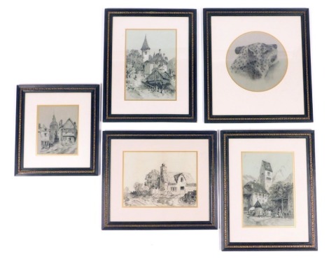 G Deason. Five charcoal and chalk sketches, three of Continental landscapes, one entitled France, the other Flingen, and another dated 1967, 28cm x 23cm, 41cm x 29cm, 32cm x 28cm, another dated 1907, 30cm x 42cm, and a similar sketch of leopard's head, in