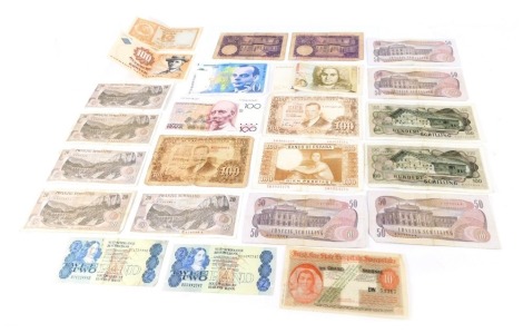 Various bank notes, comprising Swiss Bank Rands, Austrian Schilling, Vietnamese Pesetas and others. (a quantity)