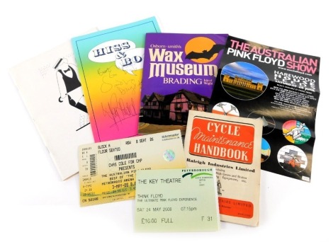 A group of ephemera, to include a Hiss & Boo Key Theatre Peterborough programme, bearing signatures for Marjorie Keyes, Roy Hudd, and Osborne Smith Wax Museum pamphlet, The Key Theatre Peterborough Think Floyd Ultimate Pink Floyd ticket, dated 2008, etc. 