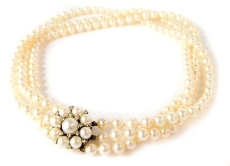 A three row cultured pearl choker, with a clustered clasp set with tiny diamonds and cultured pearls, on a yellow metal clasp stamped 375, 36cm long, 56.9g all in, in a Hester Clarke of Aylesbury box.