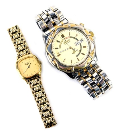 Two wristwatches, comprising a gentleman's Seiko stainless steel cased wristwatch, with a cream coloured dial and date aperture, 3cm diameter, on bicolour strap, and a Longines gold plated cased lady's wristwatch, 1.5cm diameter dial. (2)