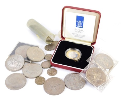 A Royal Mint silver proof two pound coin for 1997, in presentation case, small group of collectors crowns to include Queen Elizabeth II 1977 crown and others, and a small group of George V and VI sixpence pieces. (a quantity)