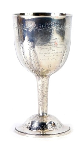 A Victorian silver goblet, with engine engraved floral vine decoration and wheat sheaf moulding, inscribed to J P Baker March 30th 1862, maker Henry Wilkinson & Co, Sheffield 1863, 9.30oz.