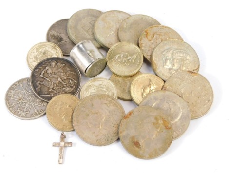 A group of collectors coins, comprising Elizabeth II five shilling, sixpence pieces, commemorative crowns, Churchill crown, 1889 Queen Victoria crown, 1896 five pound coin, and six two pound 1986 thistle coins.