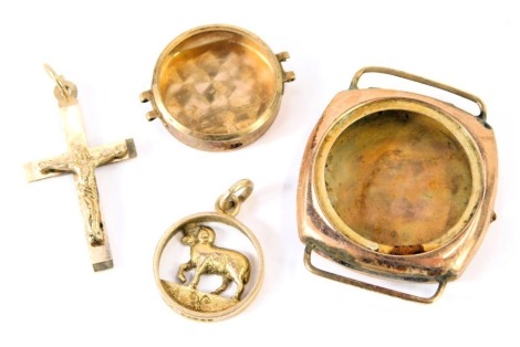 A group of yellow metal, comprising a 9ct gold ram pendant, 9ct gold crucifix pendant, and two watch cases, yellow metal stamped 375, 11.3g. (4)