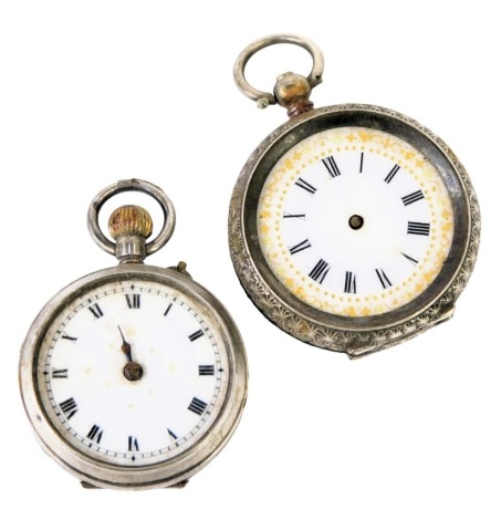 Two white metal cased Continental fob watches, each of a floral engraved design, 55.9g all in. (AF) (2)