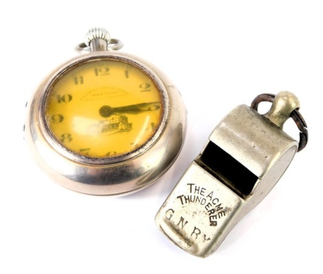 A Railway Timekeeper pocket watch and whistle, the steel cased pocket watch inscribed Railway Timekeeper, and with loco logo, in steel case with outer pair case, and an Acme Thunderer Great Northern Railway whistle. (2)