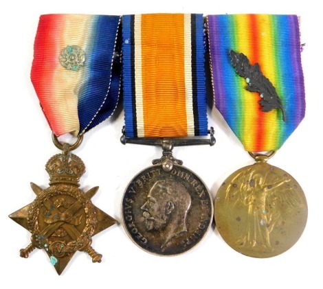 A WWI medal trio group, comprising British War medal, Victory medal, with MID oak leaf, and 1914 Star, inscribed 8336 Pte G Cox, R.A.M.C.