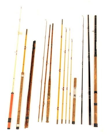 Fishing tackle, comprising two split cane fishing rods, and three three piece split cane fly fishing rods. (a quantity)