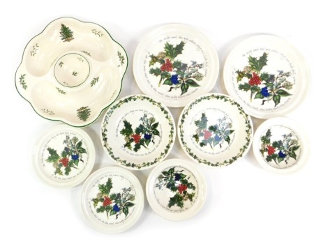 A Spode Pottery hors d'oeuvres dish in the Christmas Tree pattern, together with Portmeirion The Holly and The Ivy pattern plates and bowls. (9)