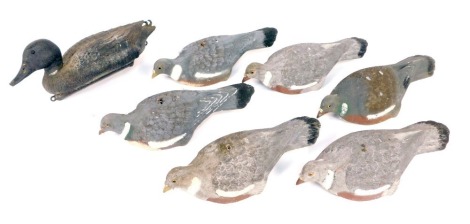 Bird decoys, comprising a plastic decoy duck, 40cm wide, and six plastic half pigeons, 40cm wide. (7)