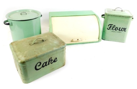 Enamelled kitchen wares, comprising a Flour Pride of Home storage tub, a green enamel circular storage tin, a green enamel rectangular storage tin, and a plastic bread bin. (4)