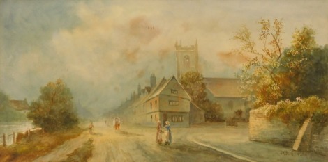 Syd Sinclair (19thC). Village church, watercolour, 24cm x 48cm, signed and mounted in gilt frame.