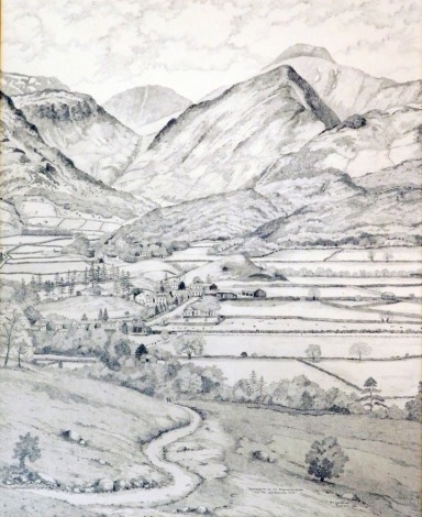 Bill Lawrence (20thC). Rossthwaite and the Borrowdale Valley from the Watendlath Path, pencil sketch, signed and dated June/July 1984, 46cm x 37cm, framed and glazed.