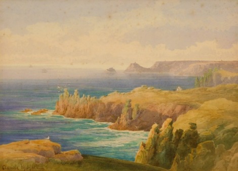 Claude Montague Hart (1872-1952). Seascape with cliffs and boats, watercolour, signed 25cm x 34cm, in gilt frame.