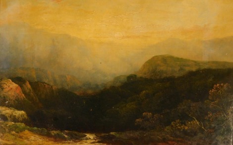 19thC English School. Mountainous landscape, oil on board, unsigned, 29cm x 44cm, in ornate gilt frame. (AF)