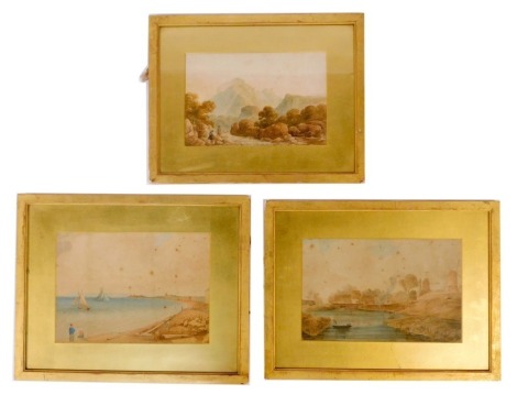 20thC School. Three watercolours, comprising mountain landscape, 18cm x 26cm, lake scene with fishing boat, 19cm x 30cm, and sailing boats at sea, 20cm x 28cm, watercolours in gilt frames. (3)