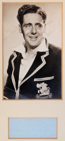 A framed photograph of Trevor Edward Bailey, cricketer, bearing biro signature, with information sheet, 13cm x 7.5cm, framed and glazed.