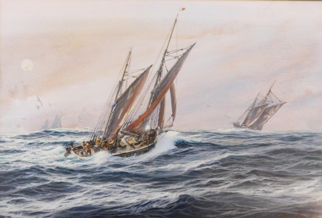 Jenny Morgan (21stC). Sailing boats in rough seas, watercolour and oil on paper, signed, 36cm x 53cm, framed and glazed.