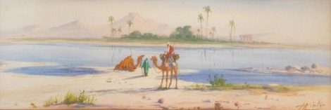 H Linton (20thC School). Camels in Arabian desert, signed, 13cm x 37cm, framed and glazed.