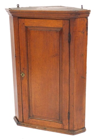 A George III oak hanging corner cabinet, with single fielded panelled door and a fitted interior, 96cm high, 62cm wide, 40cm deep.