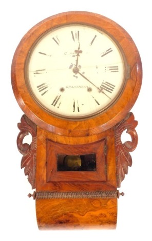 C Andrews of Grantham. A 19thC walnut cased drop dial wall clock, with a painted Roman numeric dial and eight day movement, 69cm high, 41cm wide.