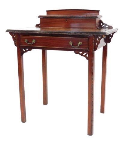 A late 19thC mahogany bonheur-de-jour, with a stationary box top and inset with brown rexine, the bowed front with single drawer, on square legs, 95cm high, 76cm wide, 48cm deep.