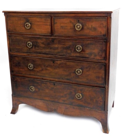 A 19thC mahogany chest, of two short and three long drawers, with brass ring handles and flower backs, comprising two short and three long drawers, on out splayed bracket feet, 110cm high, 103cm wide, 54cm deep.