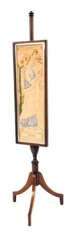 An Edwardian tapestry pole screen, the rectangular panel depicting figure in flowing dress entitled Song, 68cm x 20cm, on tripod stand.