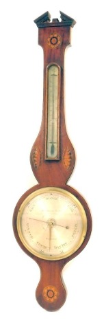 A 19thC mahogany and inlaid banjo barometer, with circular silvered dial, the case inlaid with shell and floral motifs, 90cm high. (AF)