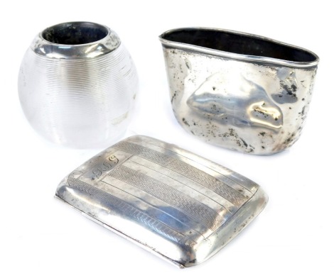 An Edward VII cut glass and silver mounted match striker, Birmingham 1905, a Victorian silver hip flask base container, Sheffield 1900, and a George V silver cigarette case, with engine turned decoration, rectangular reserve, monogram engraved, Birmingham