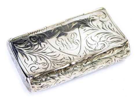 A George V silver snuff box, with engraved foliate decoration, shield reserve, monogram engraved, Birmingham 1923, 0.50oz.