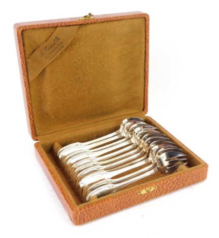 A set of eleven French silver oyster forks, cased, marked 950 fineness, 8.23oz.